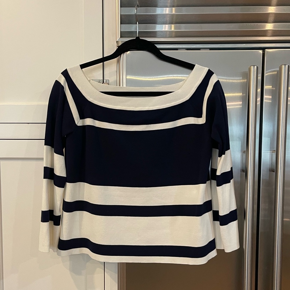 J. Crew Boat Neck Nautical Navy and White Sweater Size Medium